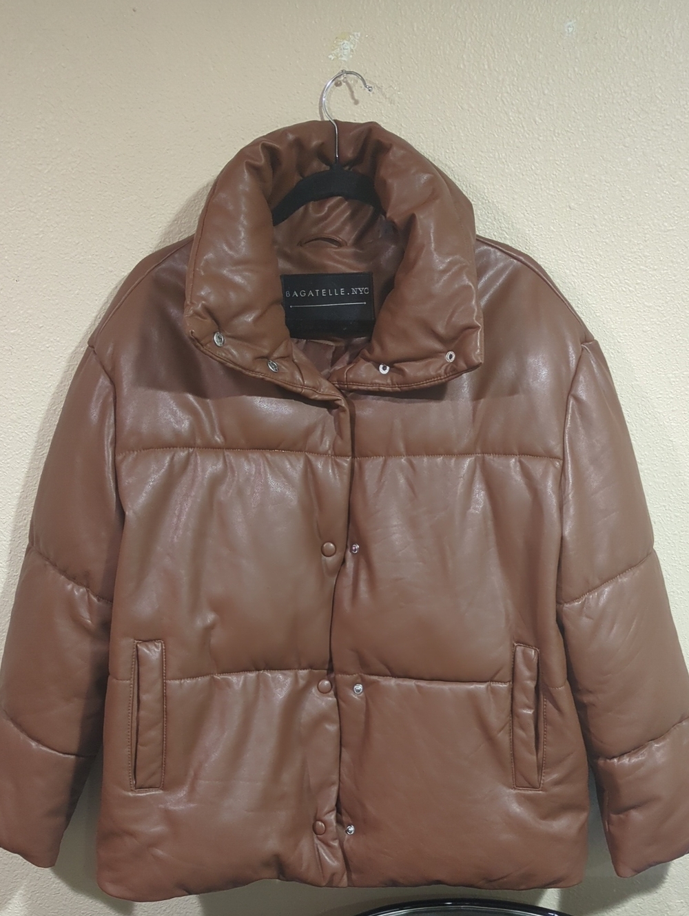 bagatelle Tan Faux-Leather Puffer Jacket with High Collar